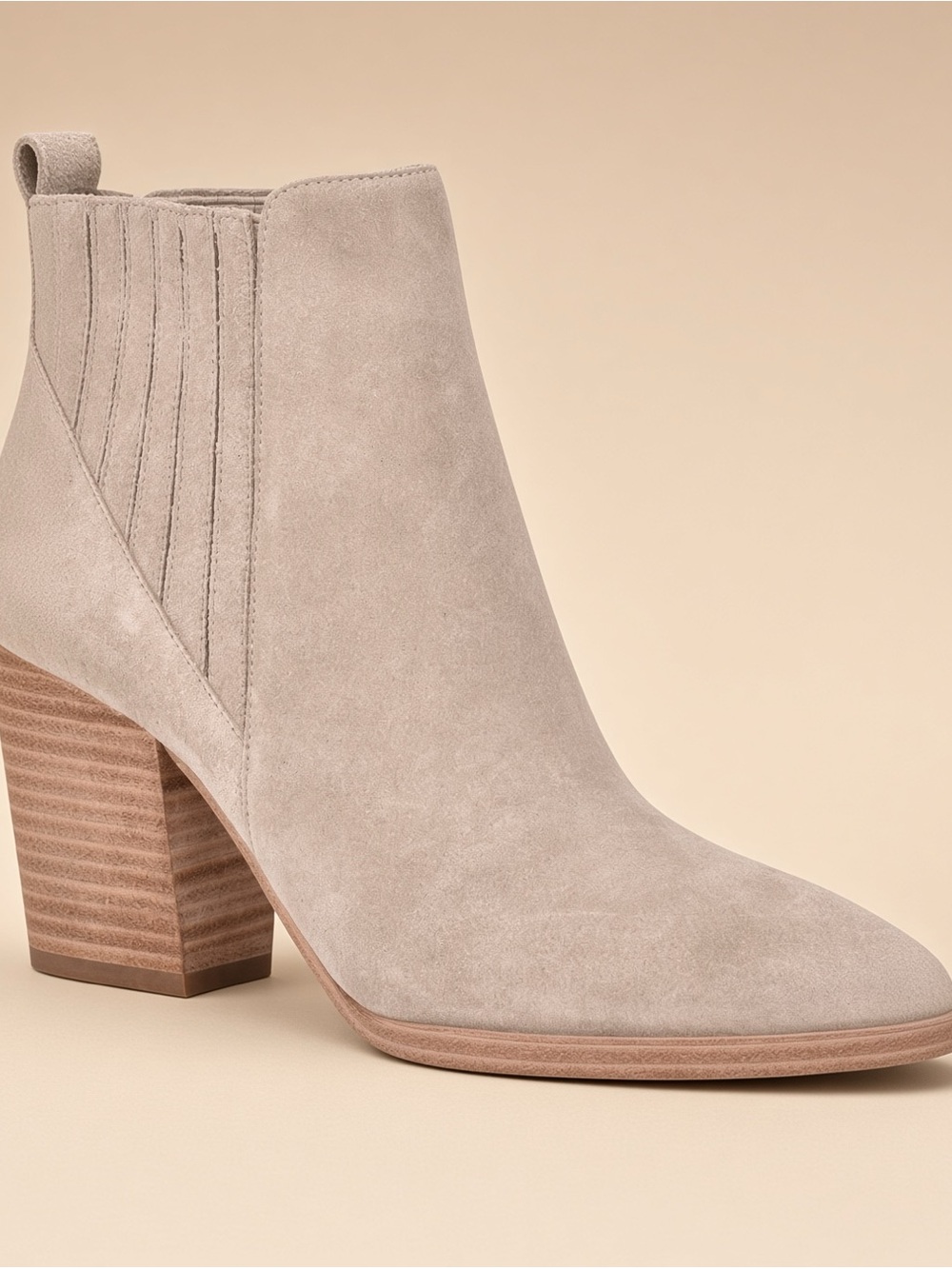 Marc Fisher Taupe Suede Ankle Bootie with Stacked Heel